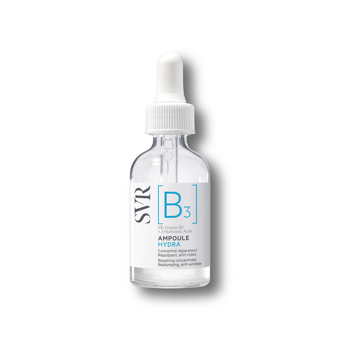 Szklana buteleczka serum SVR Ampoule Hydra z białą pipetą i etykietą z napisem B3 na białym tle.
