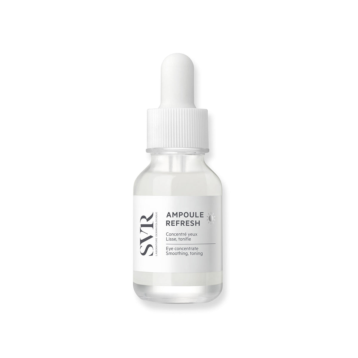 Szklana buteleczka serum SVR Ampoule Refresh z białą zakrętką i pipetą na białym tle.