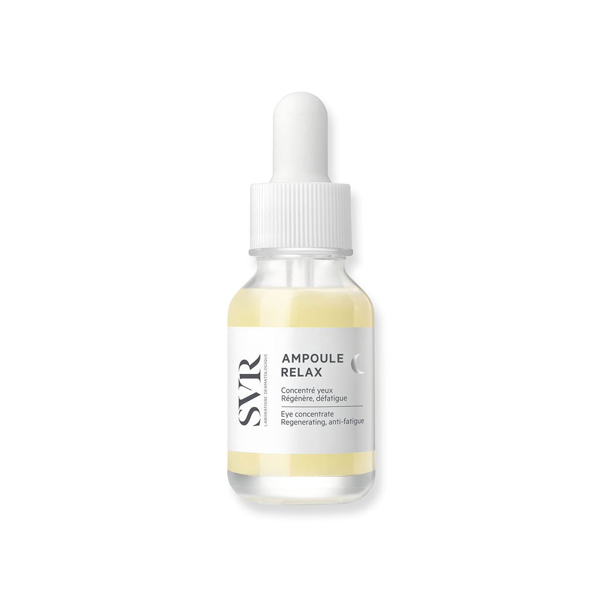 Szklana buteleczka serum pod oczy SVR Ampoule Relax z białą pipetą i żółtym płynem na białym tle.