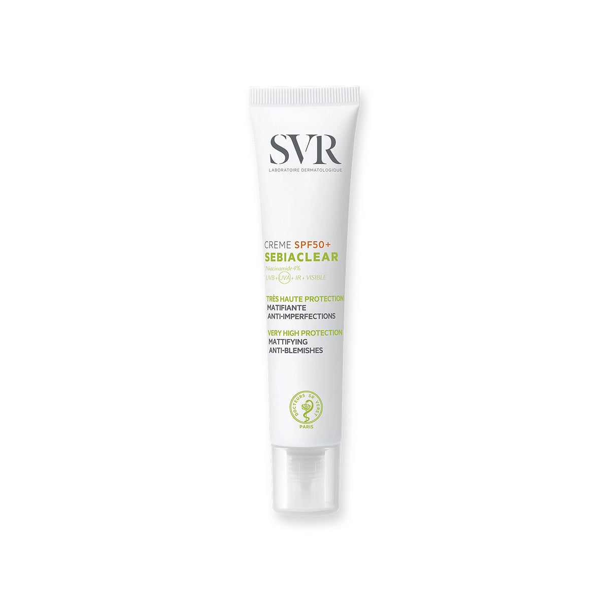 Biała tubka kremu SVR Sebiaclear SPF50+ z pompką, przeznaczona do pielęgnacji skóry tłustej i trądzikowej.