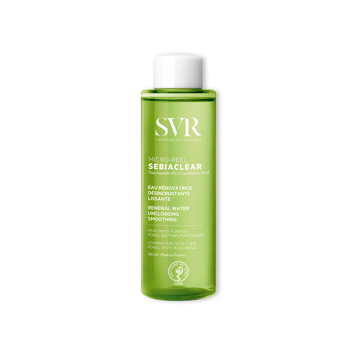 Przezroczysta butelka 150 ml SVR Sebiaclear Micro-Peel z zielonym płynem i białą zakrętką na białym tle.