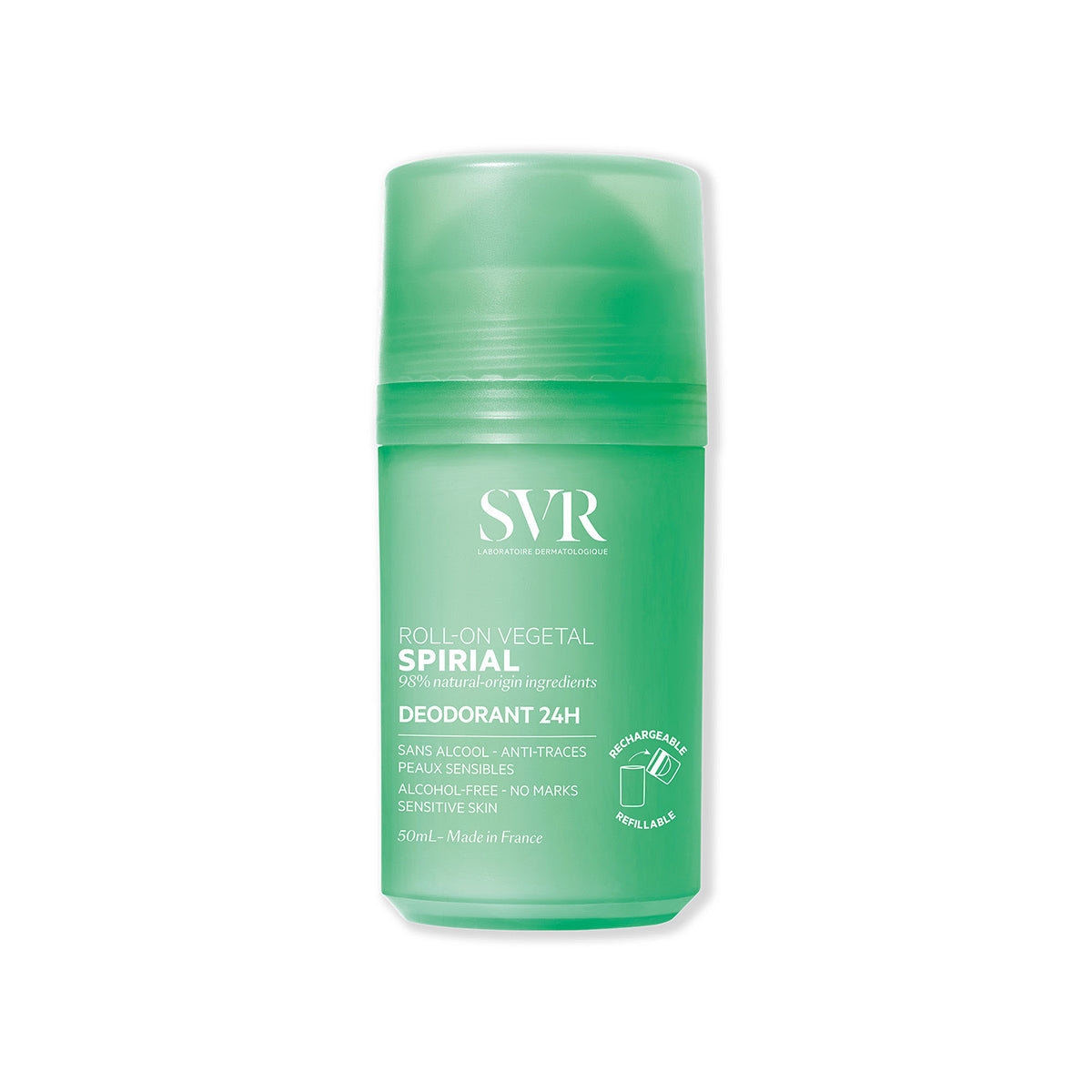 Zielony dezodorant w kulce SVR Spirial Végétal 50ml z informacją o możliwości uzupełnienia wkładu.