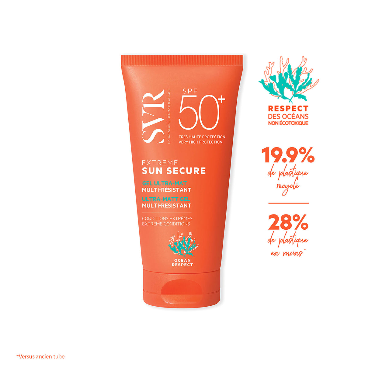 Pomarańczowa tubka żelu ochronnego SVR SUN SECURE Extreme SPF50+ z informacjami o ekologicznym opakowaniu.