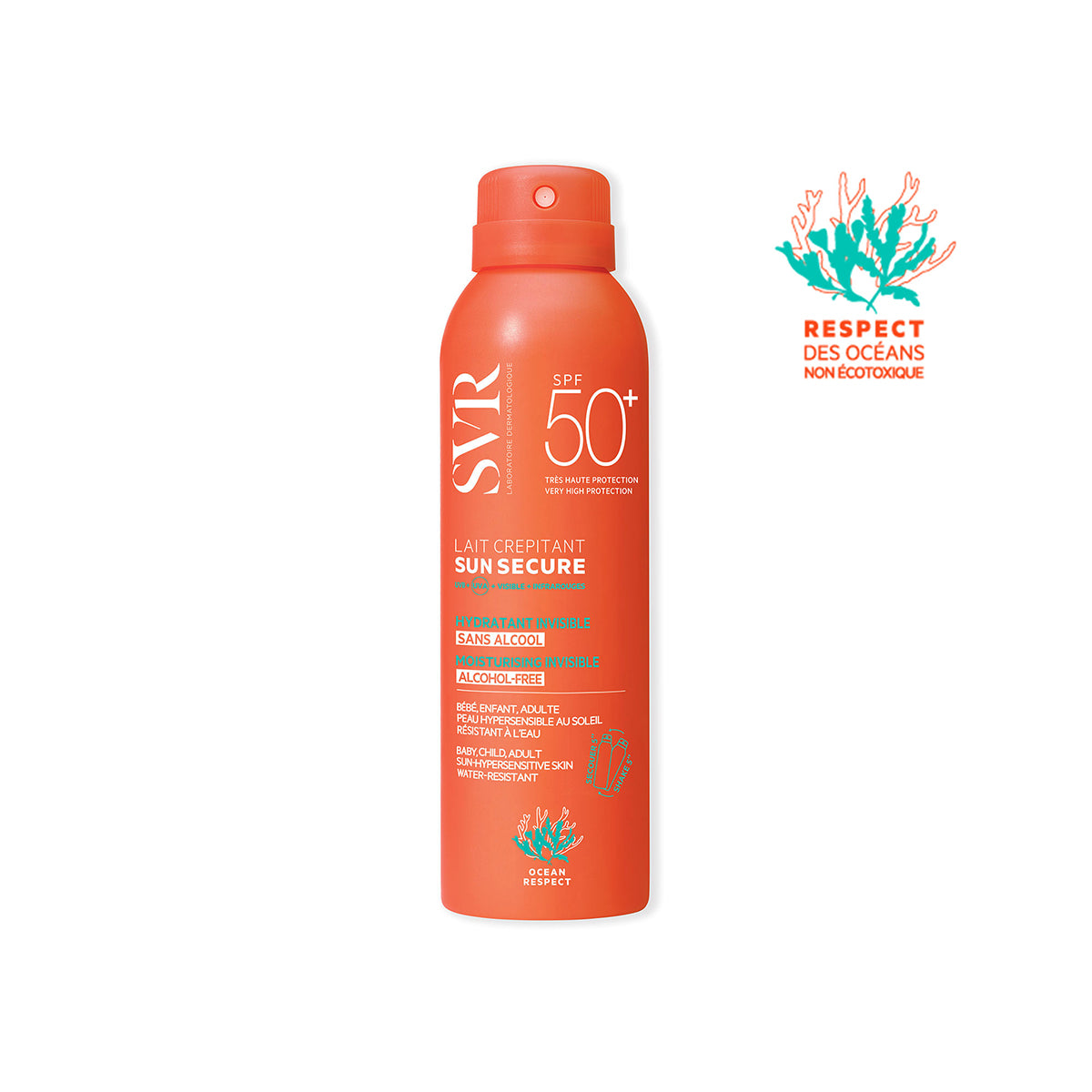 Pomarańczowy spray przeciwsłoneczny SVR Sun Secure Lait Crépitant SPF50+ z oznaczeniem ochrony środowiska morskiego.