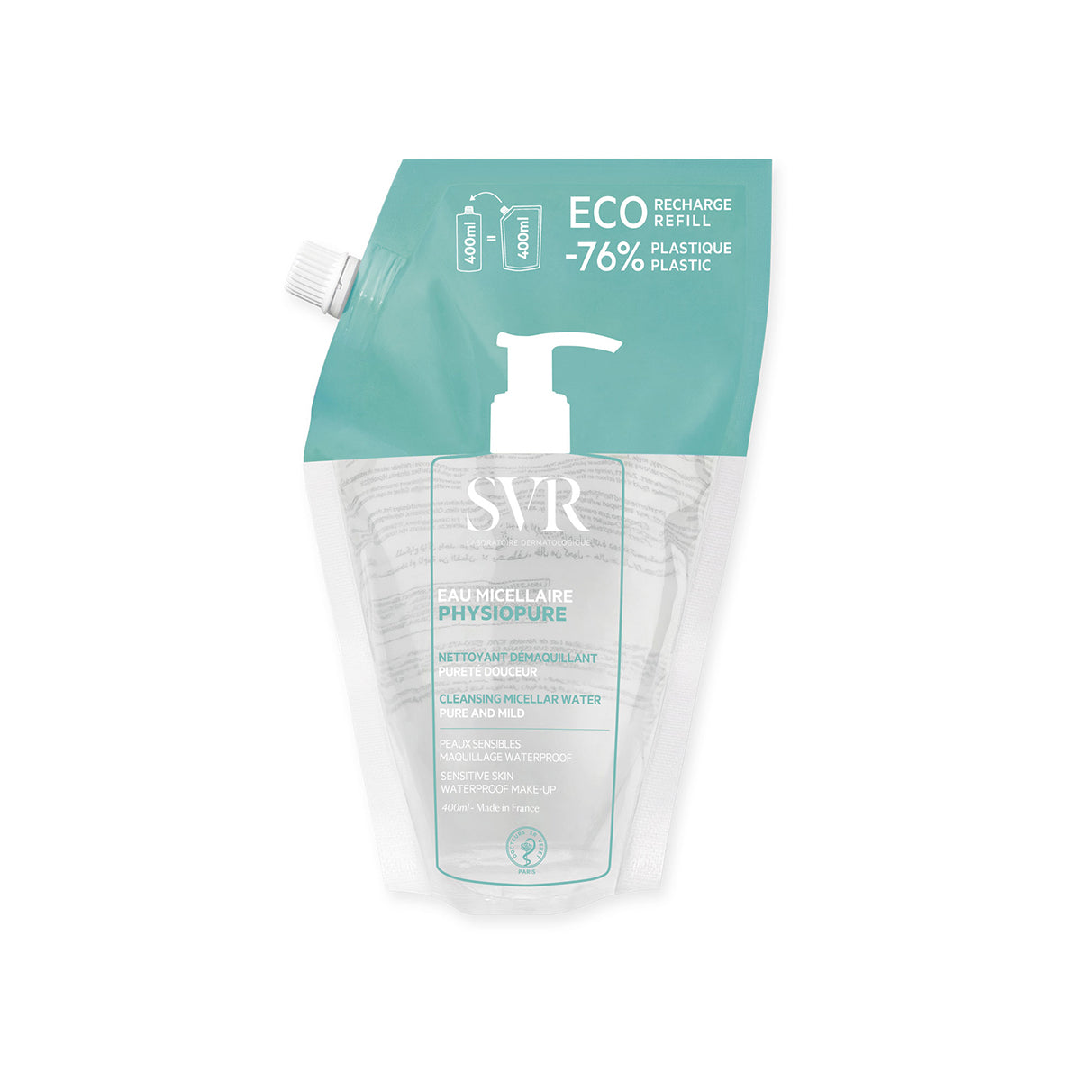 Opakowanie uzupełniające SVR PHYSIOPURE Eau Micellaire 400ml w formie przezroczystej saszetki z turkusową etykietą i pompką.