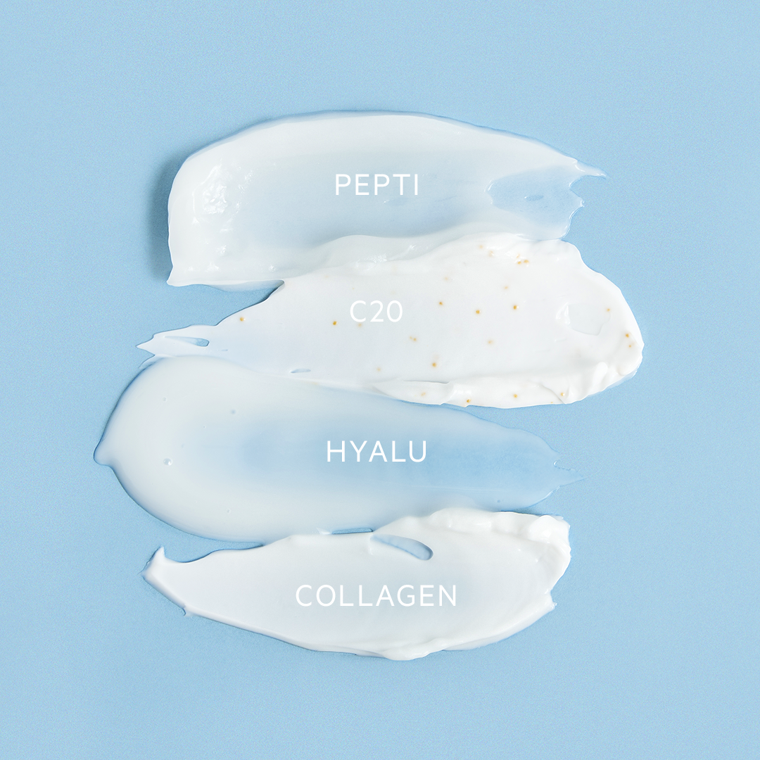 Cztery smugi kremu o różnej konsystencji na jasnoniebieskim tle z podpisami Pepti, C20, Hyalu i Collagen.