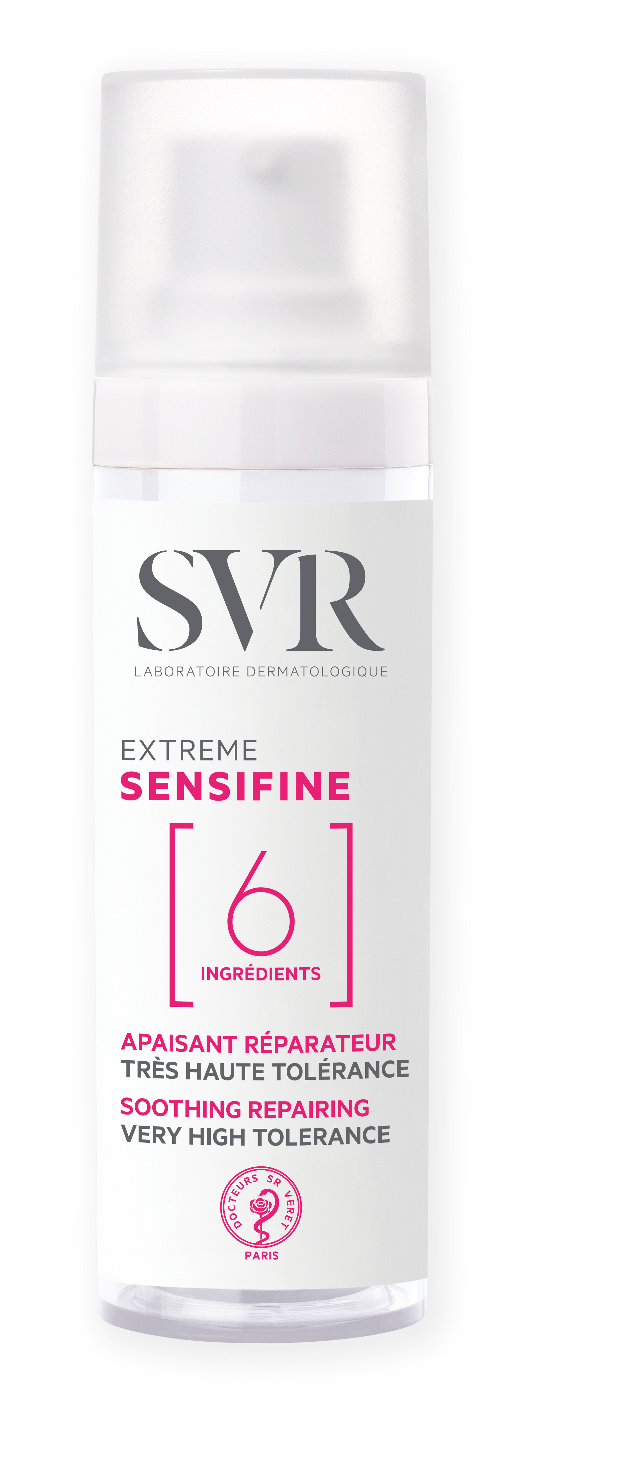 SVR Sensifine Extreme soothing repair cream in a white pump bottle with a translucent cap and minimalist branding.