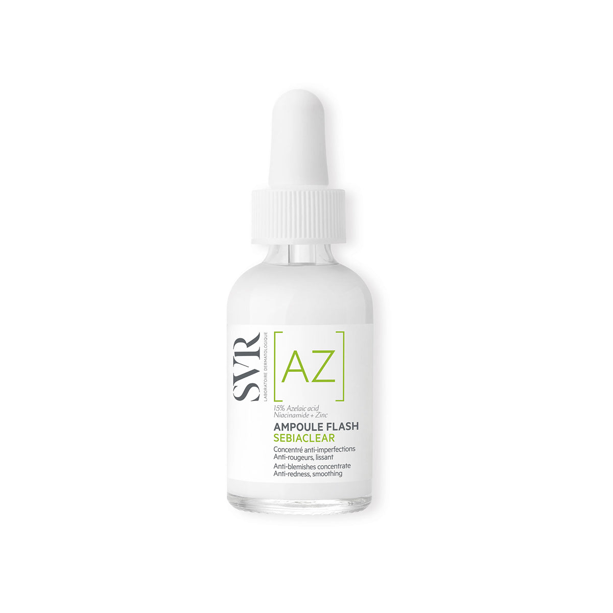 Szklana buteleczka serum SVR Sebiaclear Ampoule AZ z białą pipetą i etykietą zawierającą zielone akcenty.