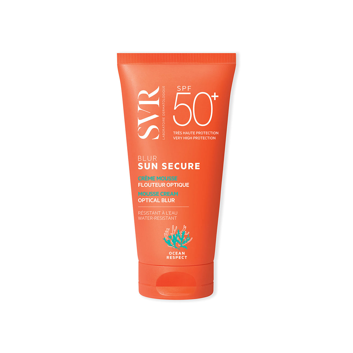 Pomarańczowa tubka kremu przeciwsłonecznego SVR SUN SECURE Blur SPF50+ z białymi napisami i grafiką raf koralowych.