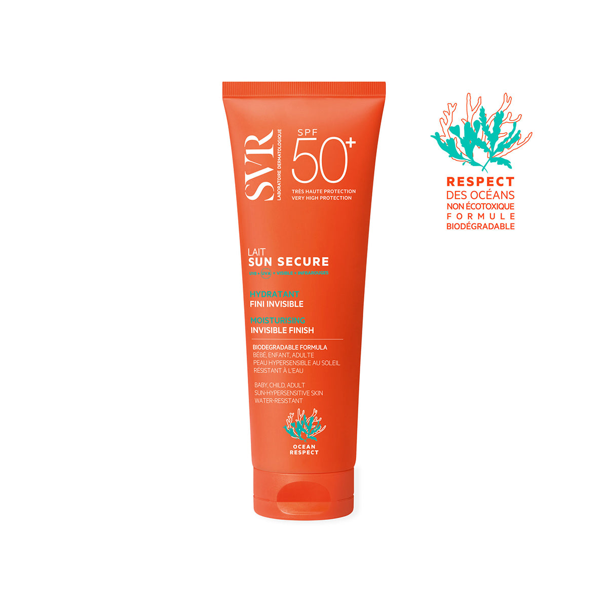 Pomarańczowa tubka kremu przeciwsłonecznego SVR Sun Secure SPF50+ z logo ochrony oceanu na białym tle.