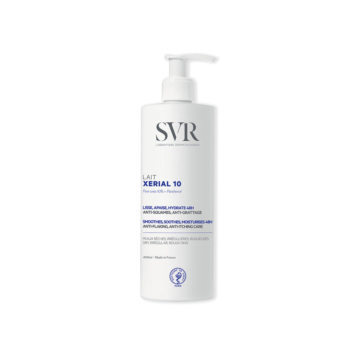 Biała butelka z pompką SVR Xerial 10 Lait 400ml do skóry suchej i szorstkiej z napisem 10% mocznika i pantenolem.