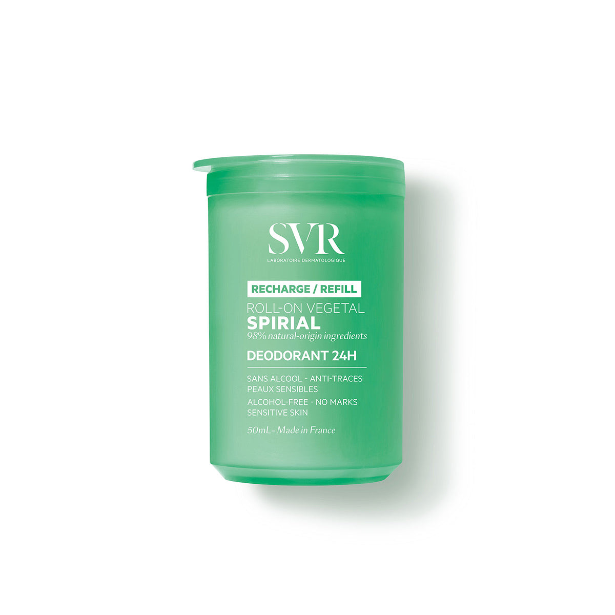 Wkład uzupełniający dezodorantu SVR Spirial Roll-on Végétal w zielonym, półprzezroczystym opakowaniu o pojemności 50 ml.