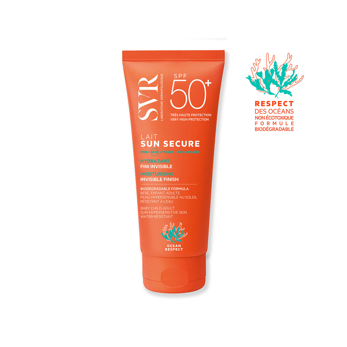 Pomarańczowa tubka mleczka ochronnego SVR SUN SECURE SPF50+ z logo Ocean Respect na białym tle.