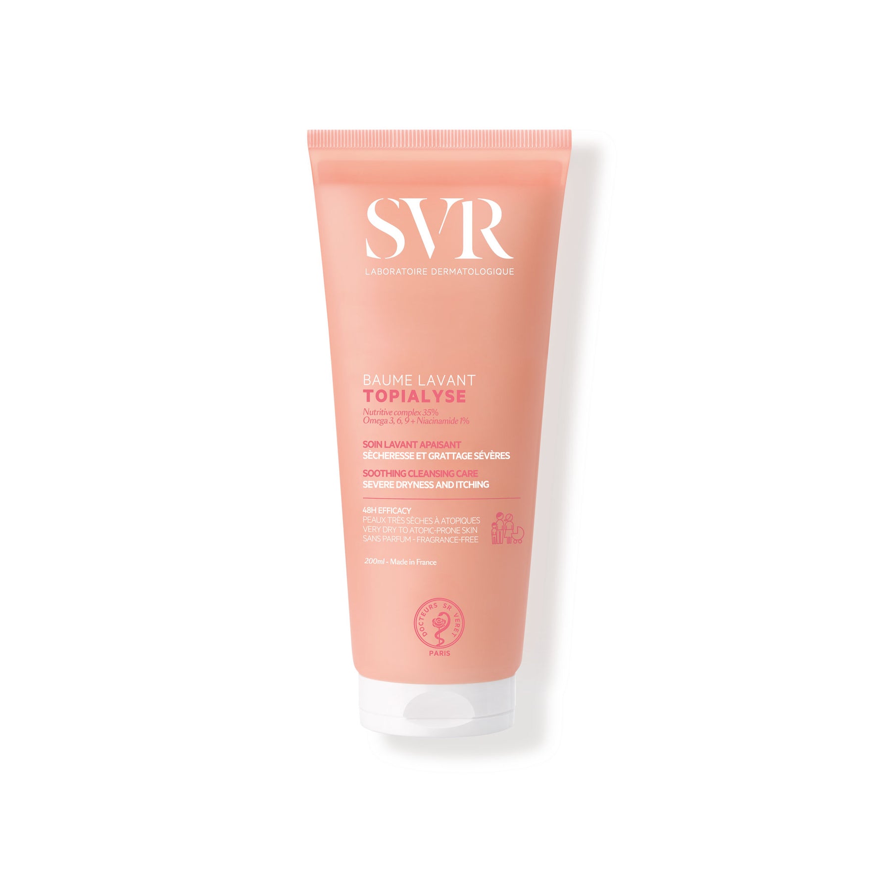 Balsam myjący SVR Topialyse Baume Lavant w różowej tubce o pojemności 200 ml do skóry suchej i atopowej.