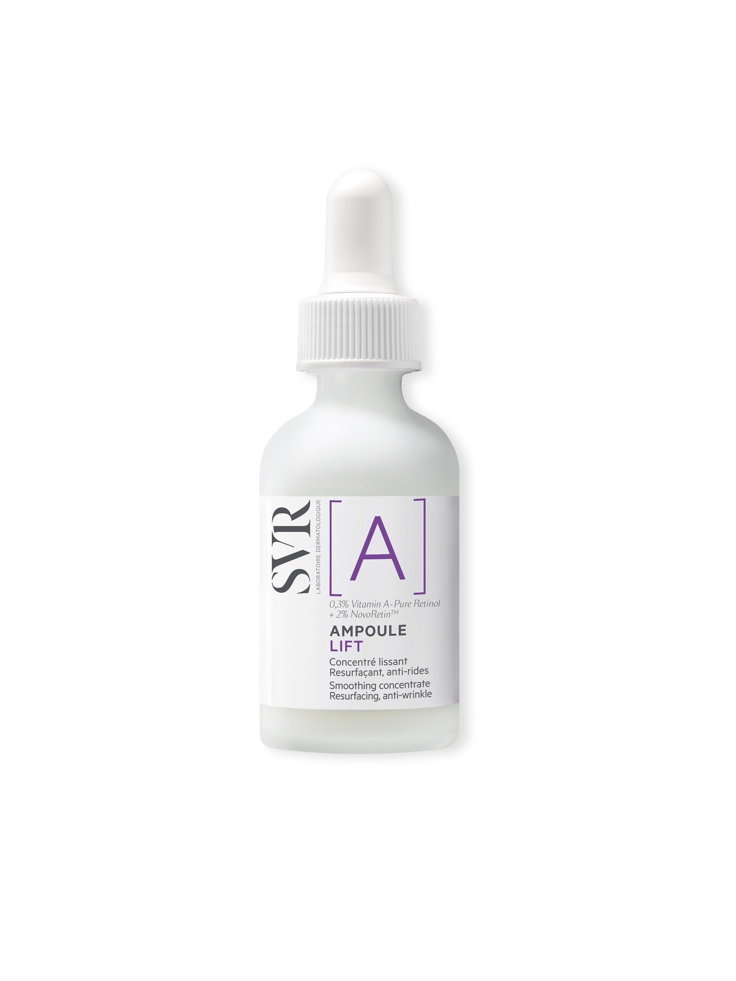 Szklana buteleczka serum SVR Ampoule Lift z białą pipetą i etykietą z fioletowym oznaczeniem [A] na białym tle.