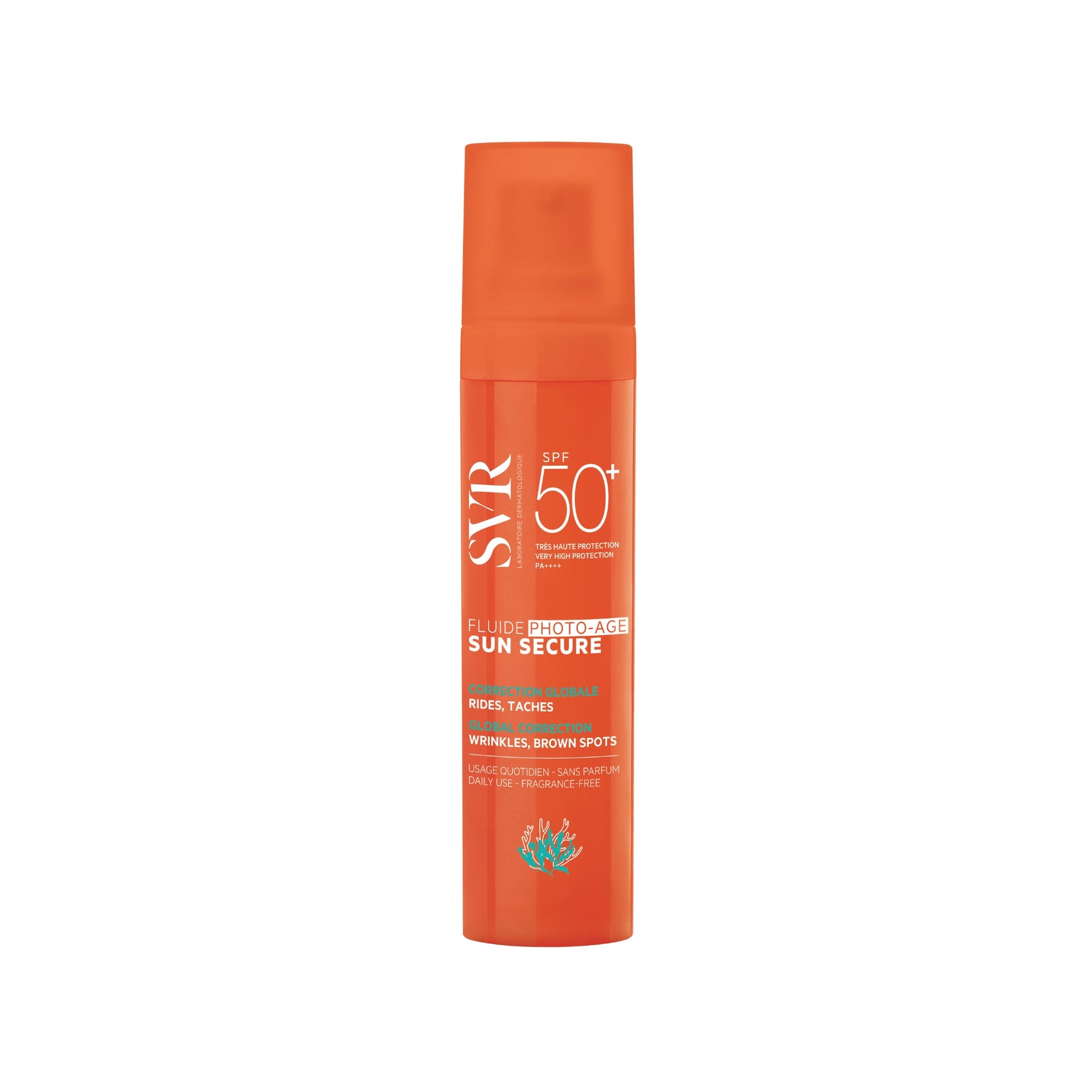 SVR SUN SECURE Fluide Photo-Age SPF50+ in an orange pump bottle for wrinkle and dark spot correction.