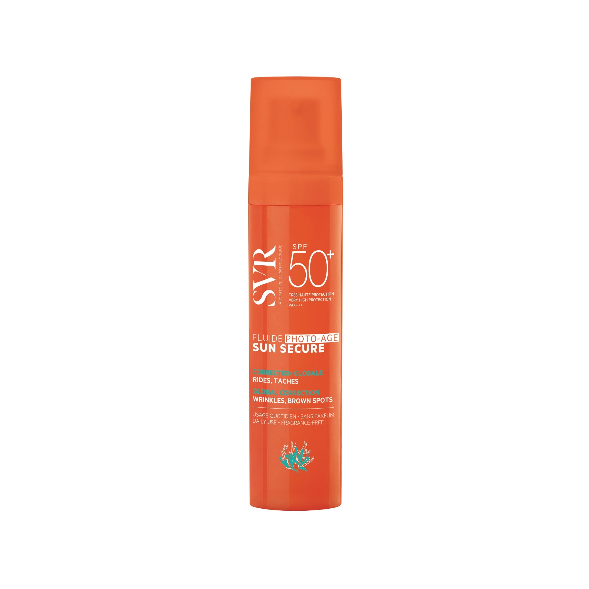 SVR SUN SECURE Fluide Photo-Age SPF50+ in an orange pump bottle for wrinkle and dark spot correction.